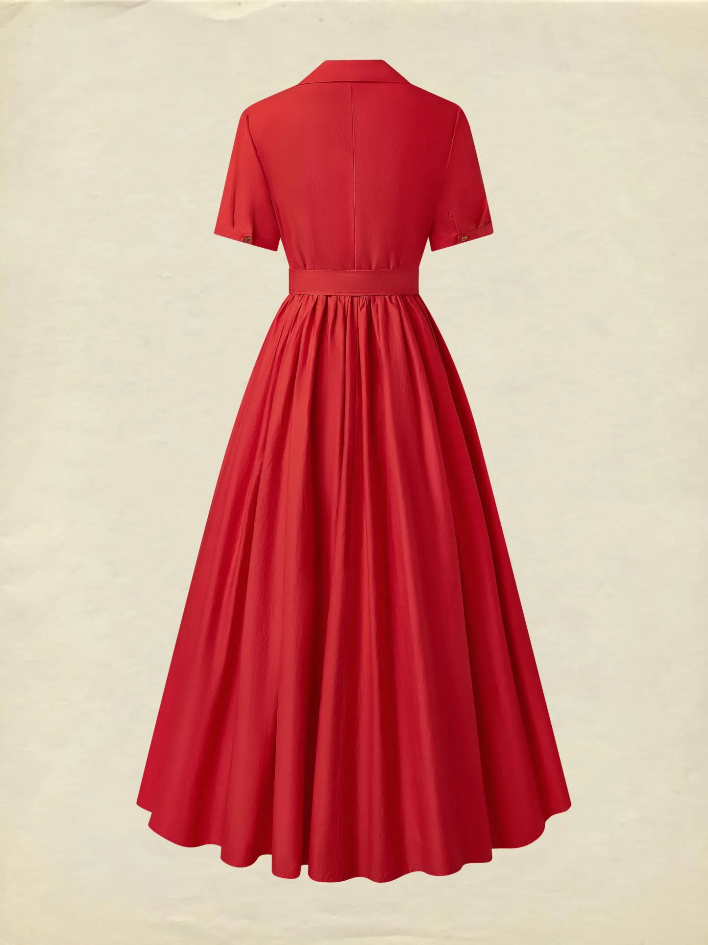 Cotton Maxi Dress, Plain, Pocket Stitching, Shawl Collar, Linen Blended, Belt, Vintage, Short Sleeves, Red - Wine Red