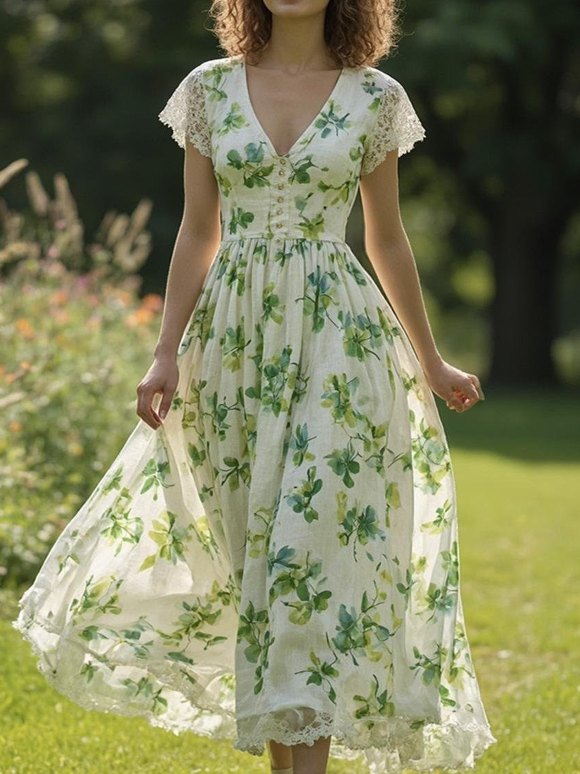 Linen Maxi Dress, Short Sleeve, V neck, Floral, Vintage, Green - Green