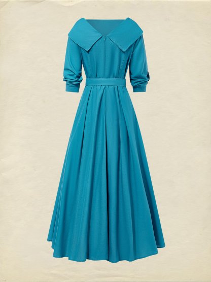 Midi Linen Dress , Half Sleeve, Shawl Collar, Plain, Belt Design, Vintage, Cyan - Cyan