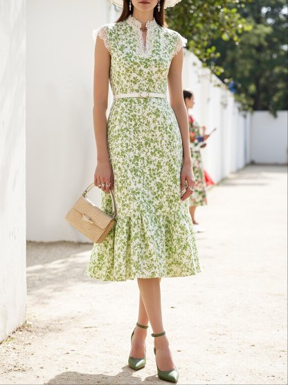 Midi Linen Dress , Cap Sleeves, V Neck, Floral, Lace, French Vintage, Green - Aqua