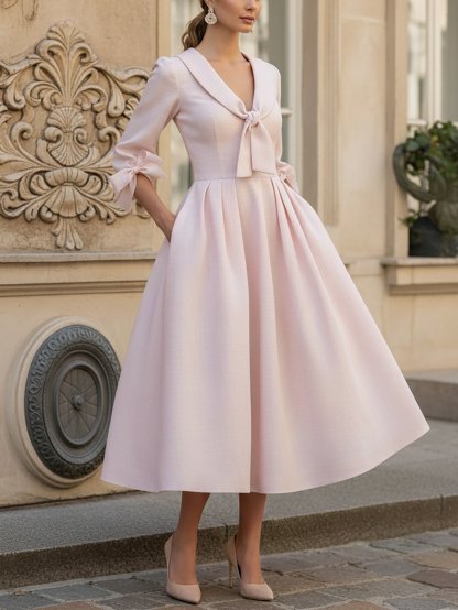 Midi Linen Dress, Half Sleeve, V Neck, Plain, Pocket Design, French Vintage, Light Pink - Light Pink