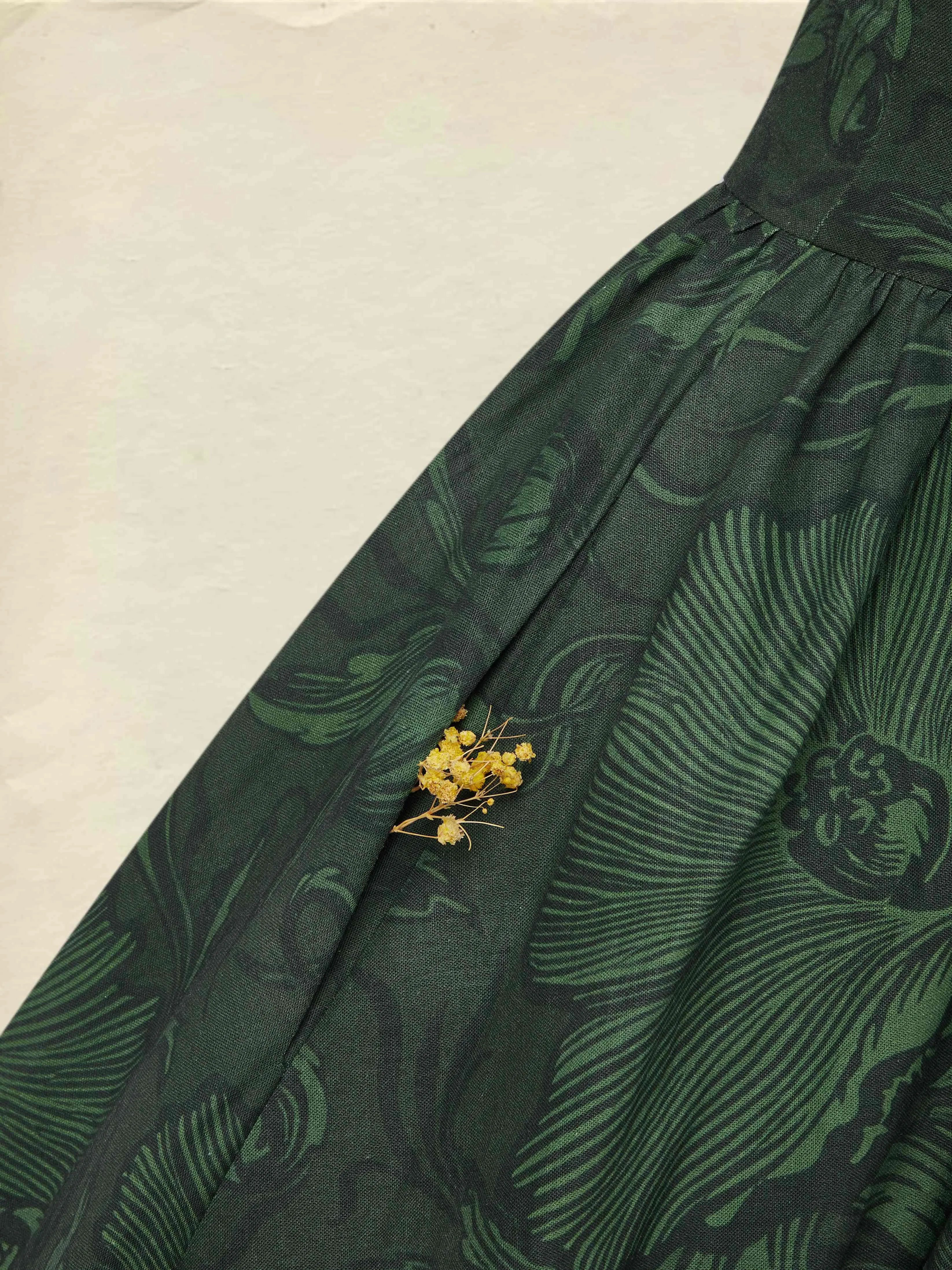 Maxi Linen Dress, Half Sleeve, V Neck, Floral, Vacation, Vintage, Deep Green - Deep Green