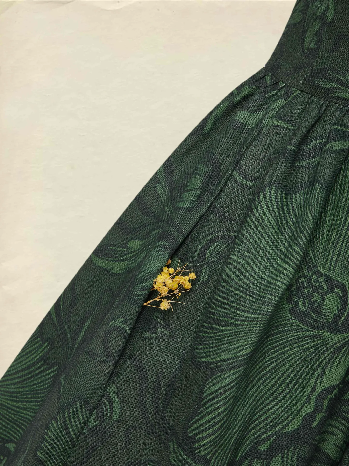 Maxi Linen Dress, Half Sleeve, V Neck, Floral, Vacation, Vintage, Deep Green - Deep Green
