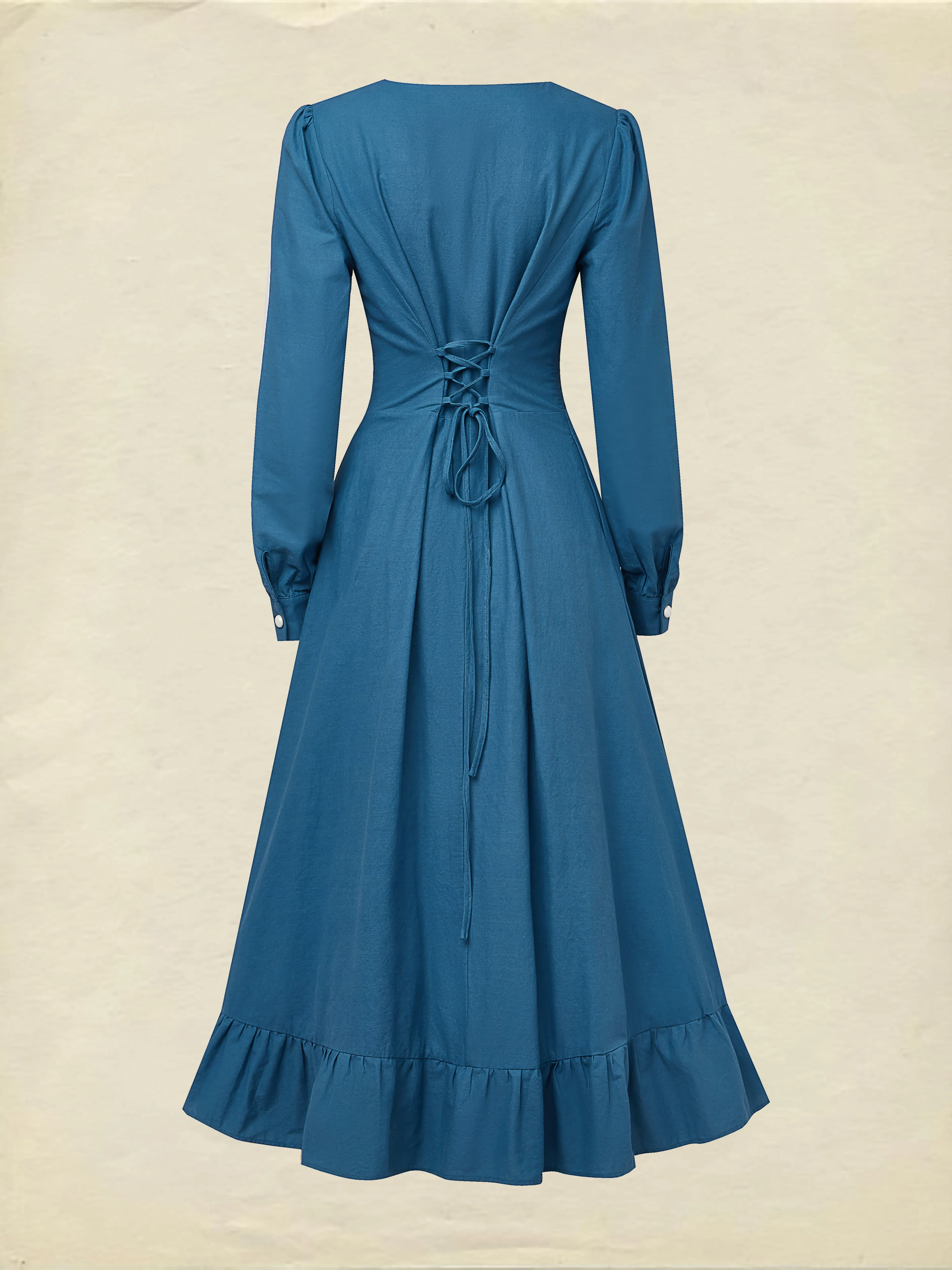 Maxi Cotton Dress, Long Sleeves, V Neck, Plain, Button Design, Vintage, Dark_blue - Dark_blue