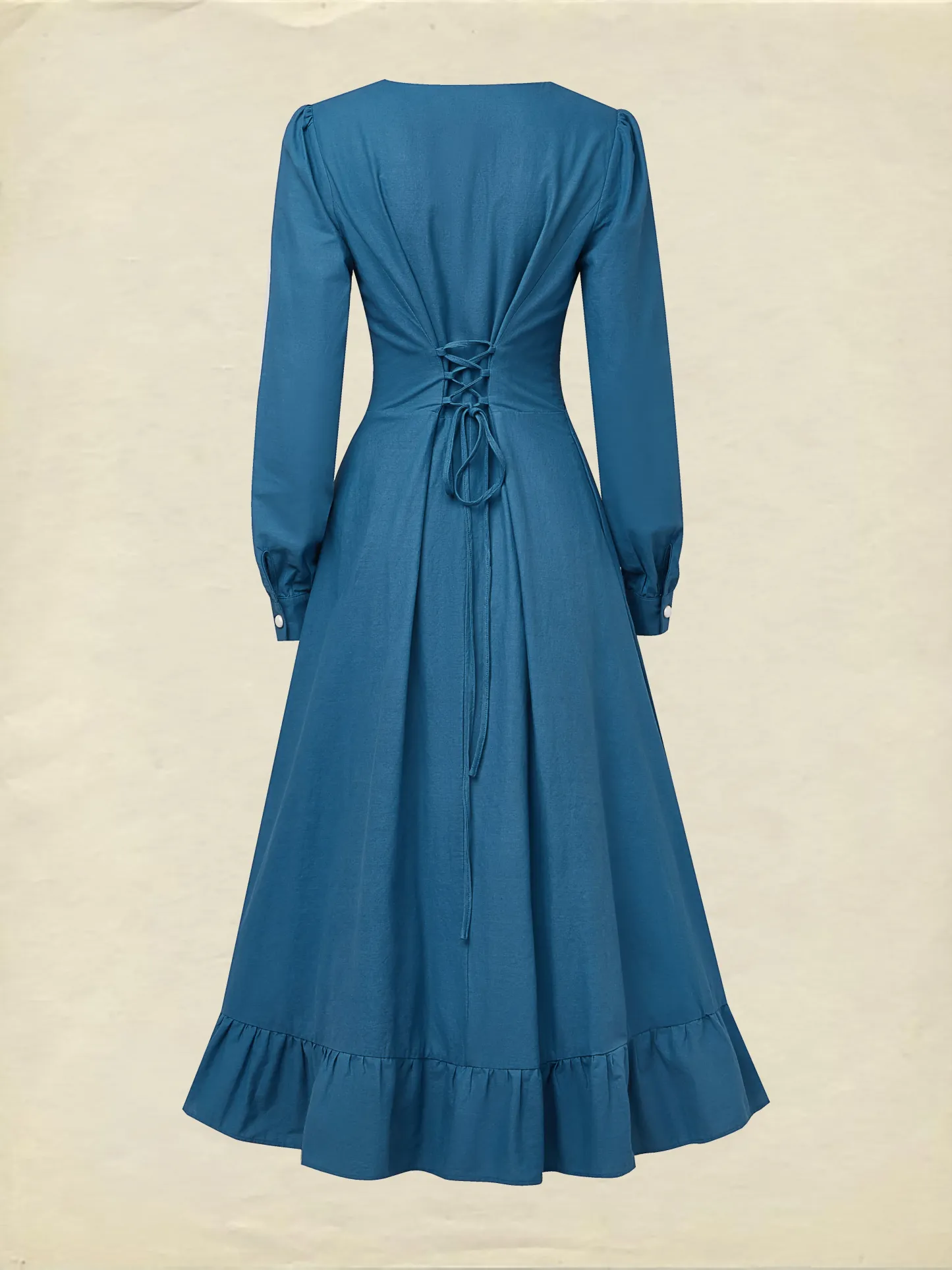 Maxi Cotton Dress, Long Sleeves, V Neck, Plain, Button Design, Vintage, Dark_blue - Dark_blue
