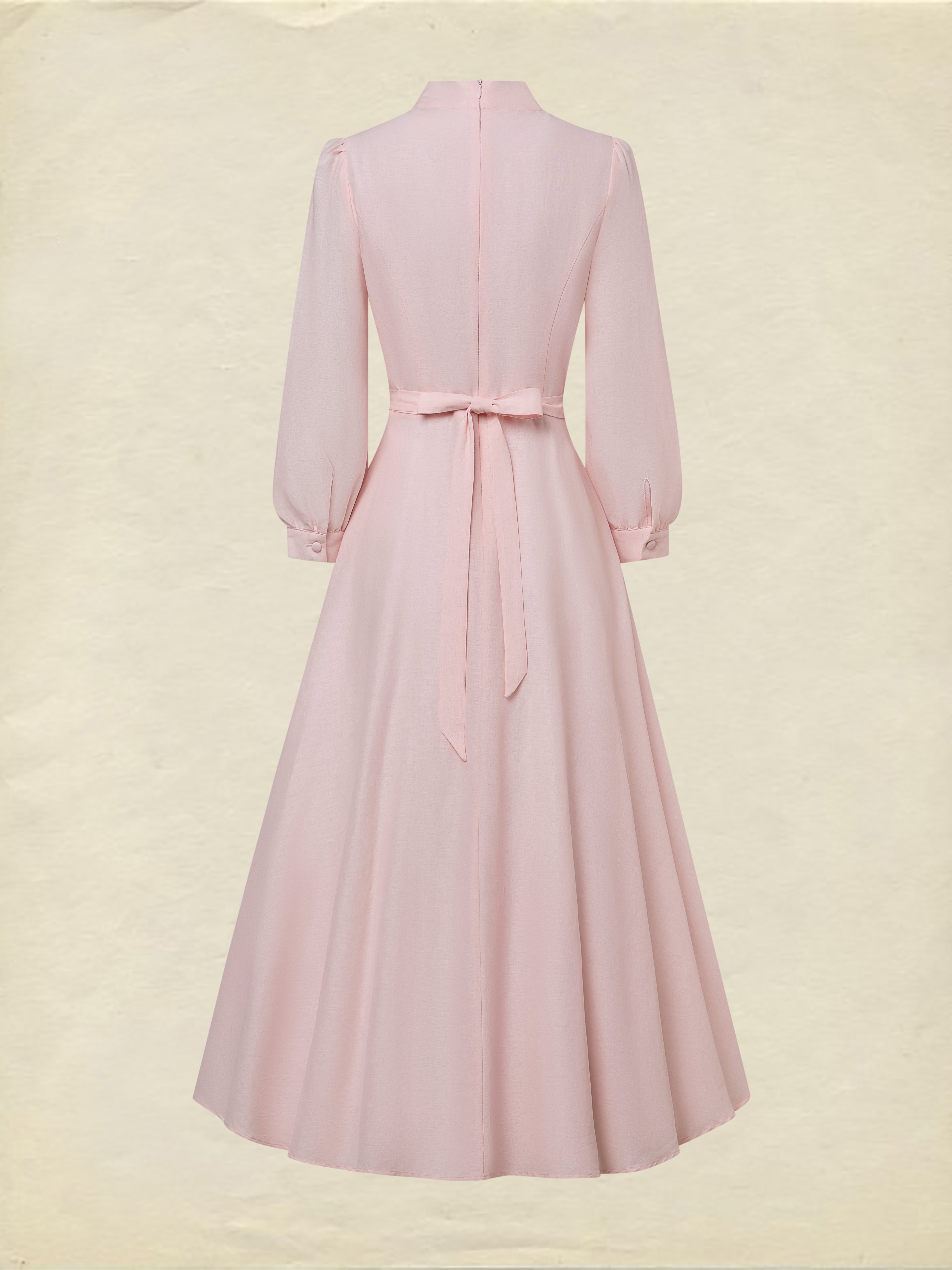 Midi Linen Dress, Half Sleeve, Plain, Lace, French Vintage, Pink - Pink
