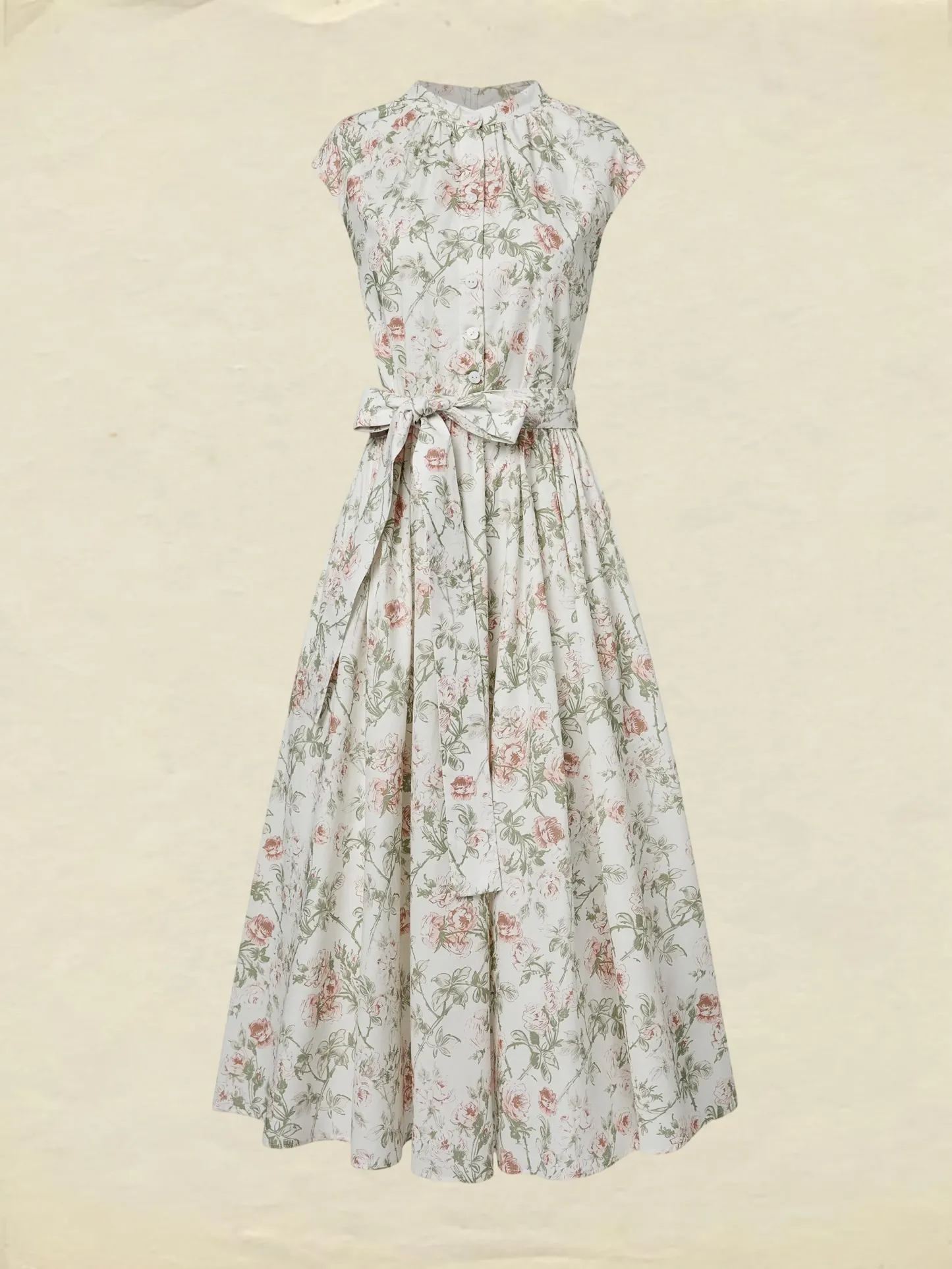 Midi Cotton Dress, Cap Sleeves, Round Neck, Floral, Belt Design, Vintage, Apricot - Apricot