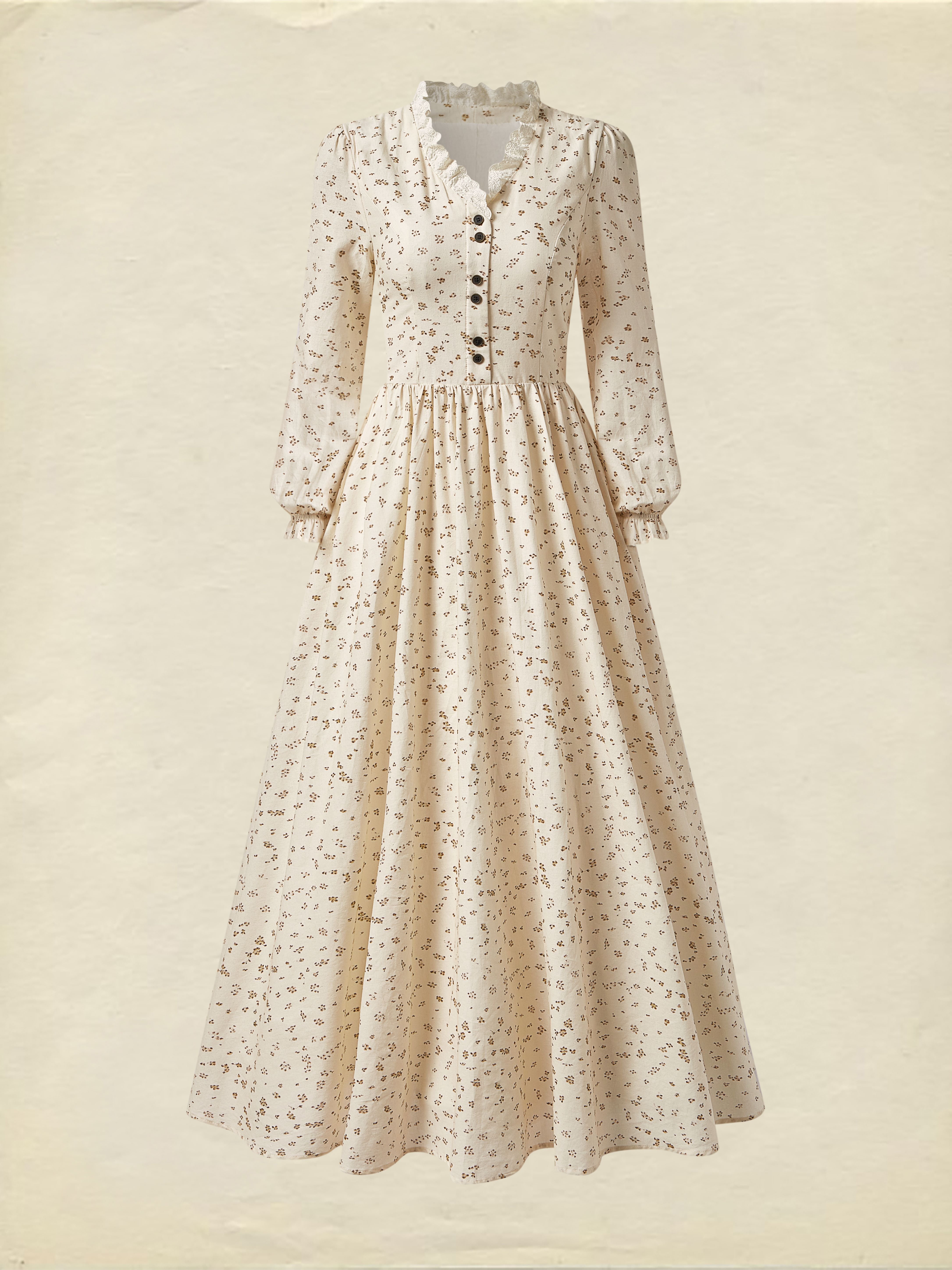 Linen Maxi Dress, Long Sleeves, V Neck, Botton Down, Floral, Apricot - Apricot
