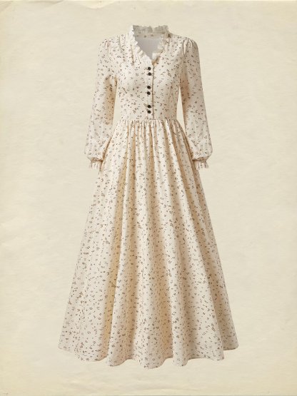 Linen Maxi Dress, Long Sleeves, V Neck, Botton Down, Floral, Apricot - Apricot