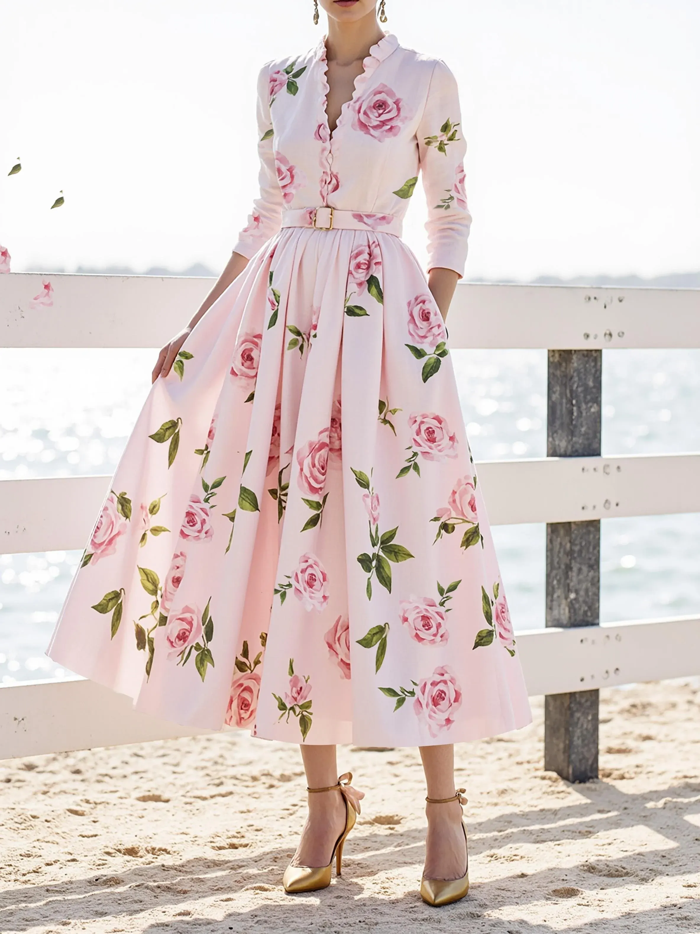 Midi Linen Dress , Long Sleeves, V Neck, Floral, Belt Design, Vacation, Vintage, Light Pink - Light Pink