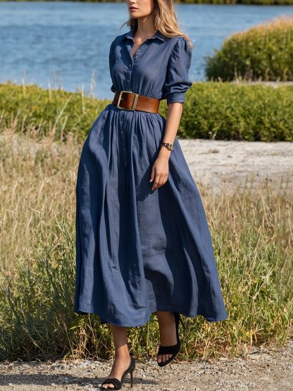 Midi Linen Dress, Half Sleeves, Shawl Collar, Plain, Button Design, Vintage, Dark_blue - Dark_blue