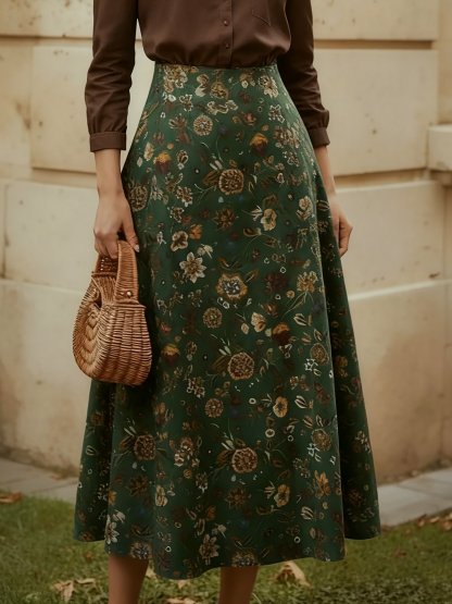Midi Linen Skirt, loral, Pocket Design, Vintage, Green - Green