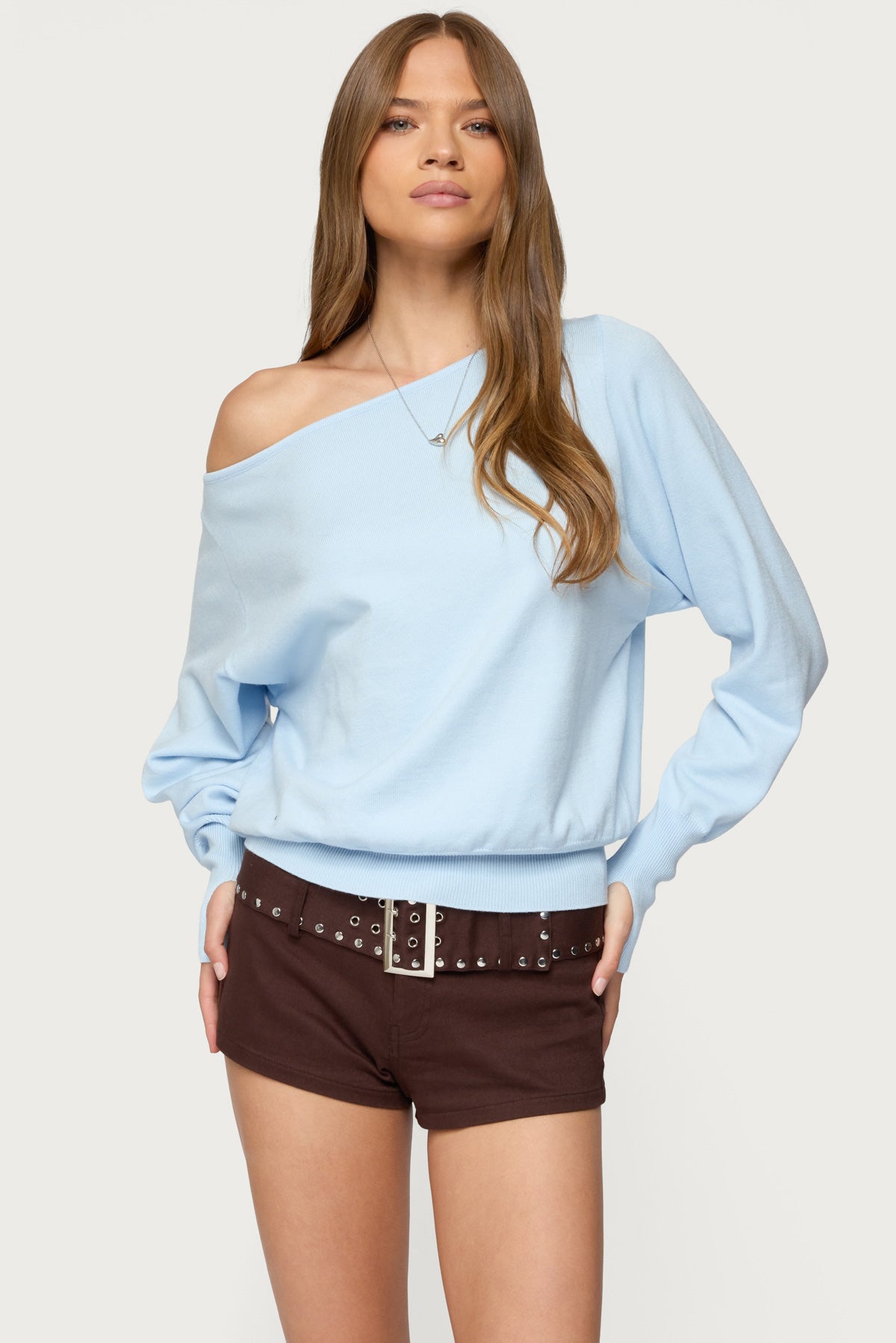Off Shoulder Oversized Sweater - LIGHT BLUE