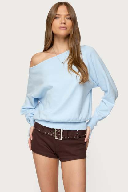 Off Shoulder Oversized Sweater - LIGHT BLUE