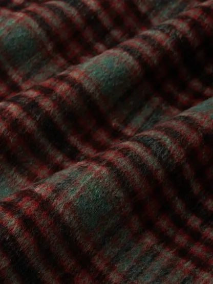 Wool Coat, Long Sleeves, Lapel Collar, Plaid, Belt Design, Vintage, Crimson - Crimson