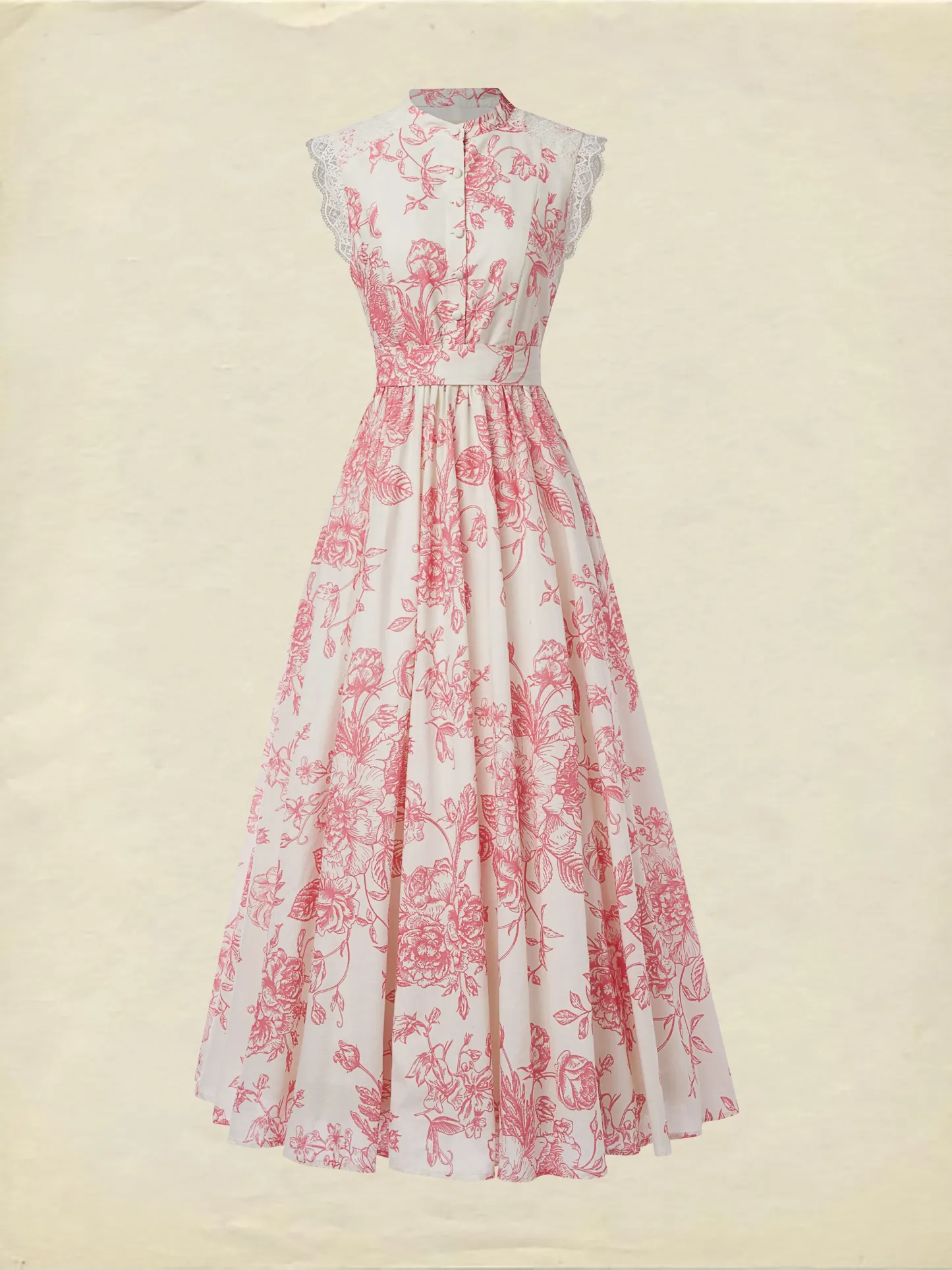 (SIZE:XS-XXL) Maxi Linen Dress , Cap Sleeves, Stand Collar, Floral, Lace, Vintage, Blue - Blue