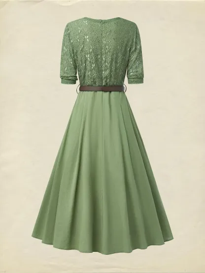 Midi Linen Dress , Half Sleeve, V Neck, Plain, Lace, Vintage, Army Green - Army Green