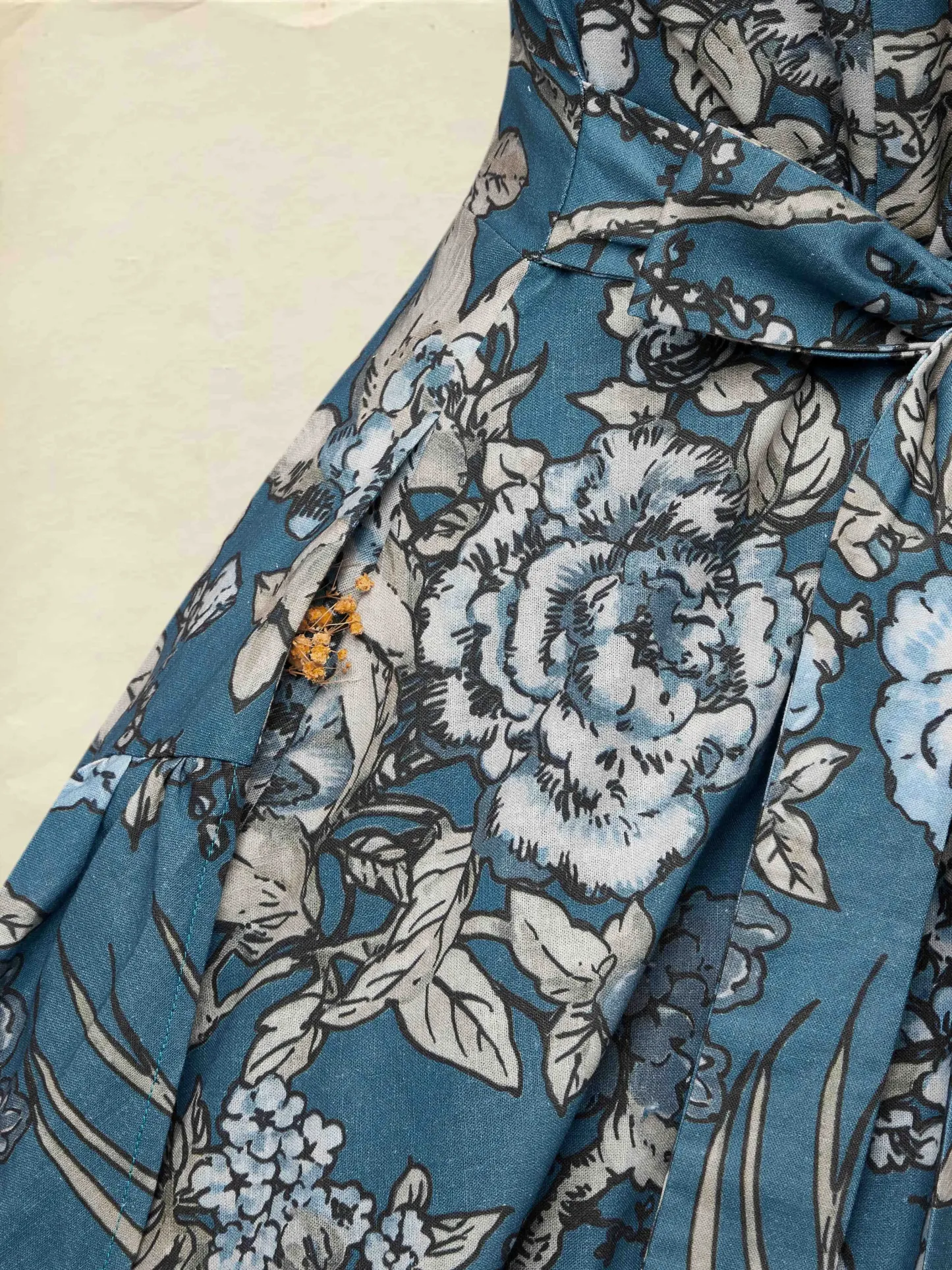 Maxi Linen Dress, Long Sleeves, Round Neck, Floral, Ruffles, Vintage, Deep Blue - Deep Blue