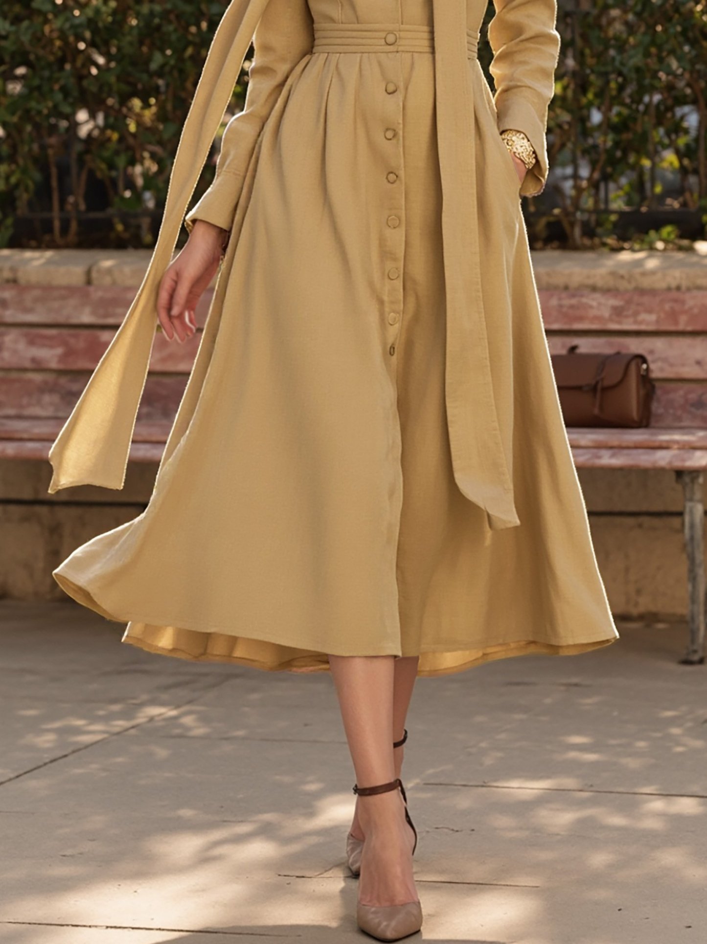 Midi Cotton Dress, Long Sleeves, V Neck, Plain, Button Design, French Vintage, Khaki - Khaki