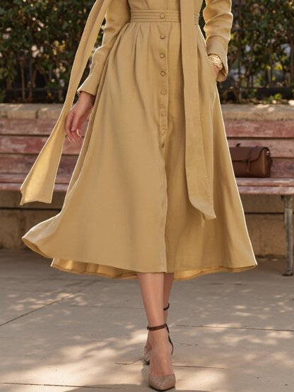Midi Cotton Dress, Long Sleeves, V Neck, Plain, Button Design, French Vintage, Khaki - Khaki