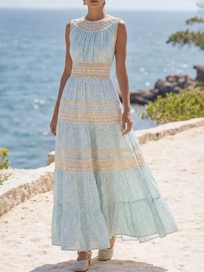 Maxi Linen Dress, Sleeveless, Floral, Lace, Vacation, Vintage, Blue - Blue