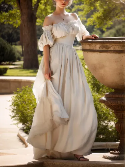 Linen Maxi Dress, Short Sleeve, Off The Shoulder, Plain, Vintage, Daily, White - As Picture