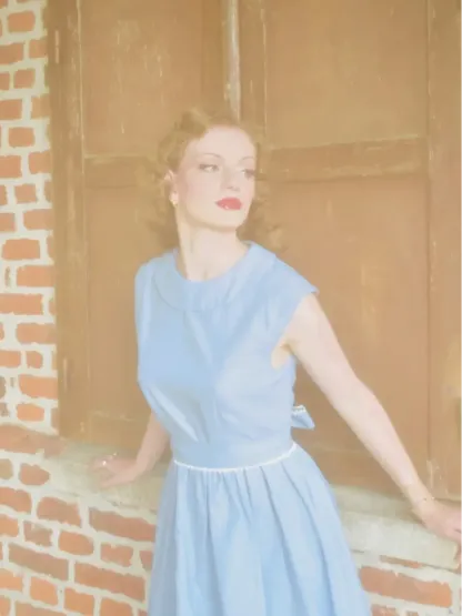 Linen Midi Dress, Sleeveless, Crew Neck, Plain, Vintage, Blue - Blue