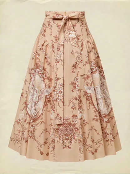 Midi Cotton Skirt, Angel, Pocket Design, Vintage, Caramel - Caramel