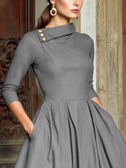 Midi Cotton Dress, Half Sleeve, Shawl Collar, Plain, Pocket Design, Vintage, Black - Black