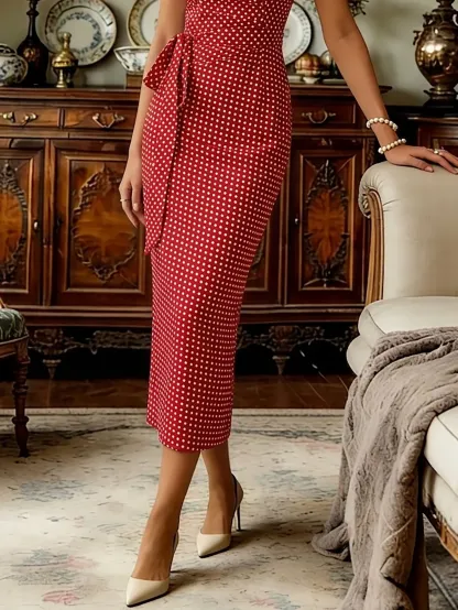 Midi Cotton Dress, Sleeveless, Round Neck, Polka Dots, Twist, French Vintage, Red - Red