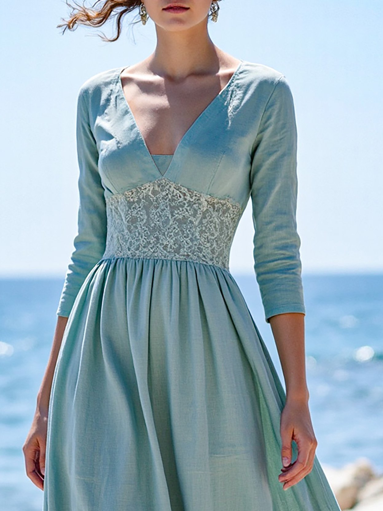 Maxi Linen Dress, Half Sleeve, V Neck, Plain, Lace, Vintage, Cyan - Cyan