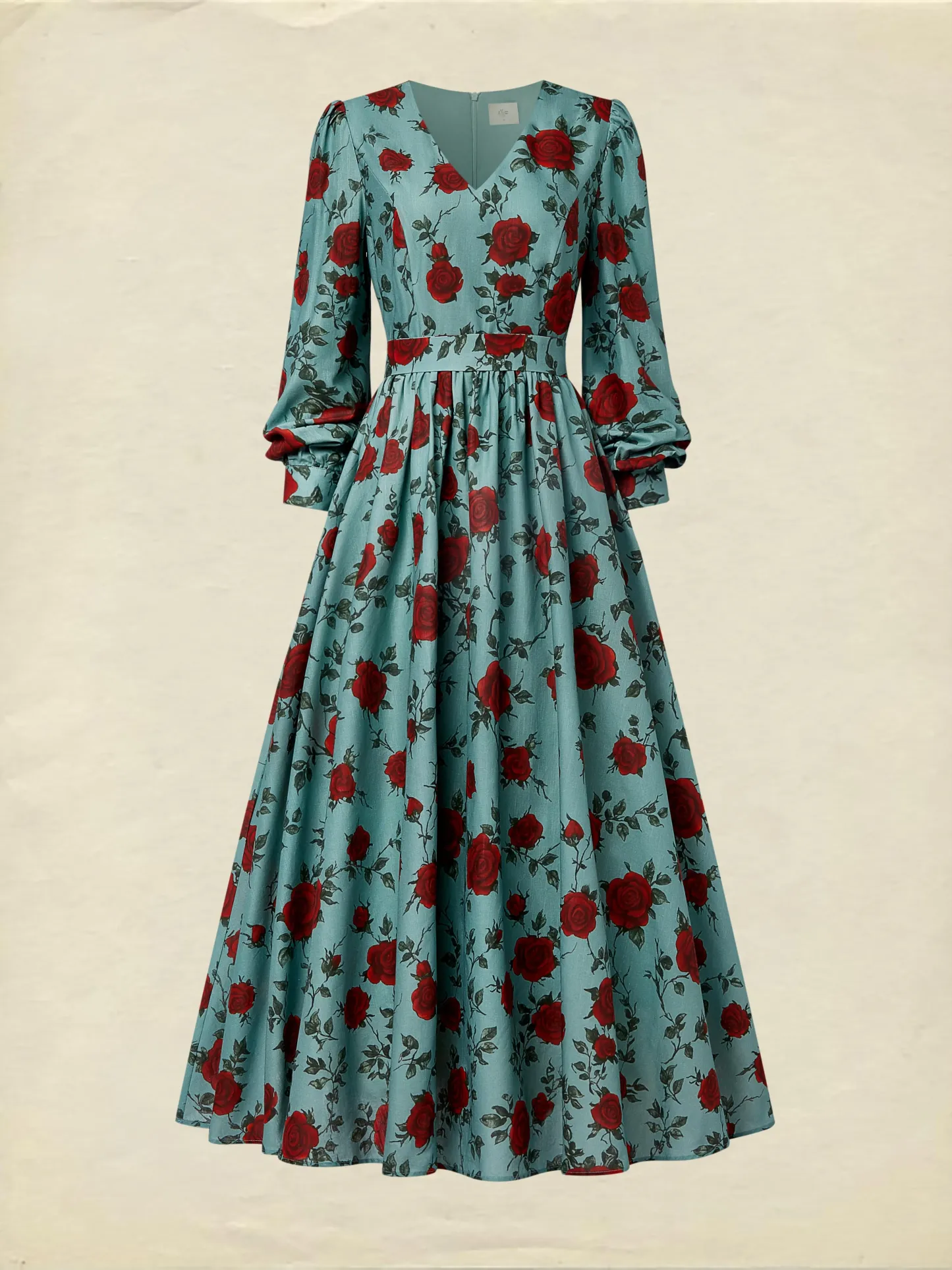 Maxi Linen Dress, Long Sleeves, V Neck, Floral, Belt Design, Vintage, Green - Green