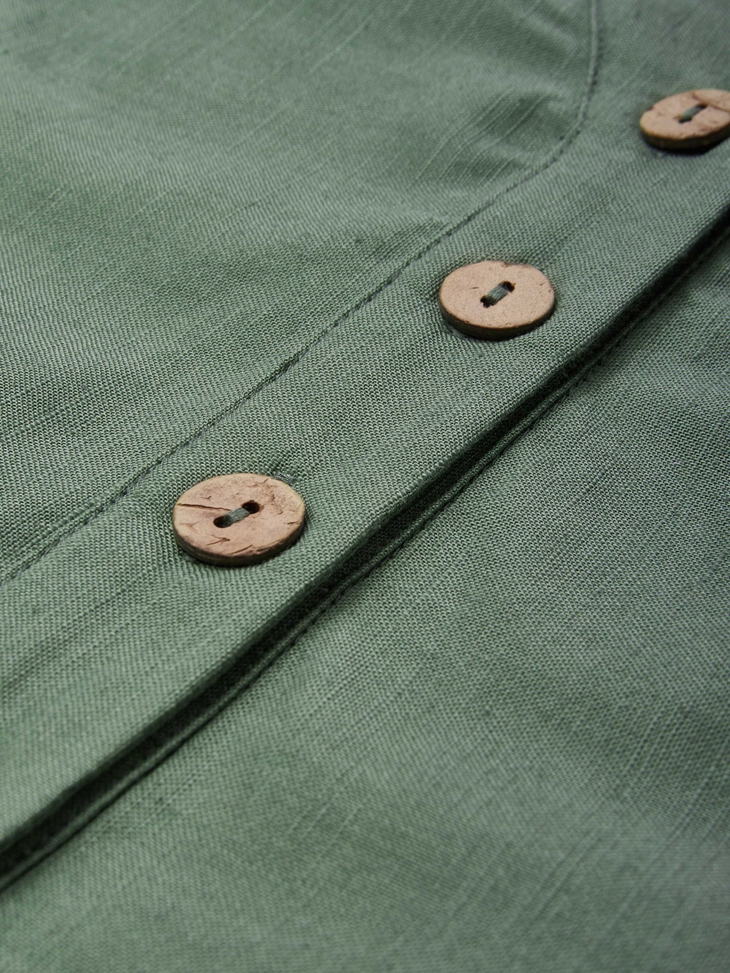 Midi Cotton Dress, Casual, Plain, Pocket Stitching, Half Open Collar, Half Sleeve, Vintage, Green  - Green