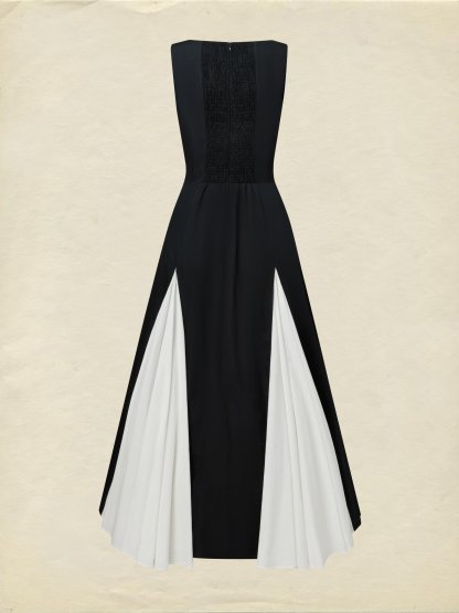 Maxi Cotton Dress, Sleeveless, V Neck, Plain, French Vintage, Black - Black