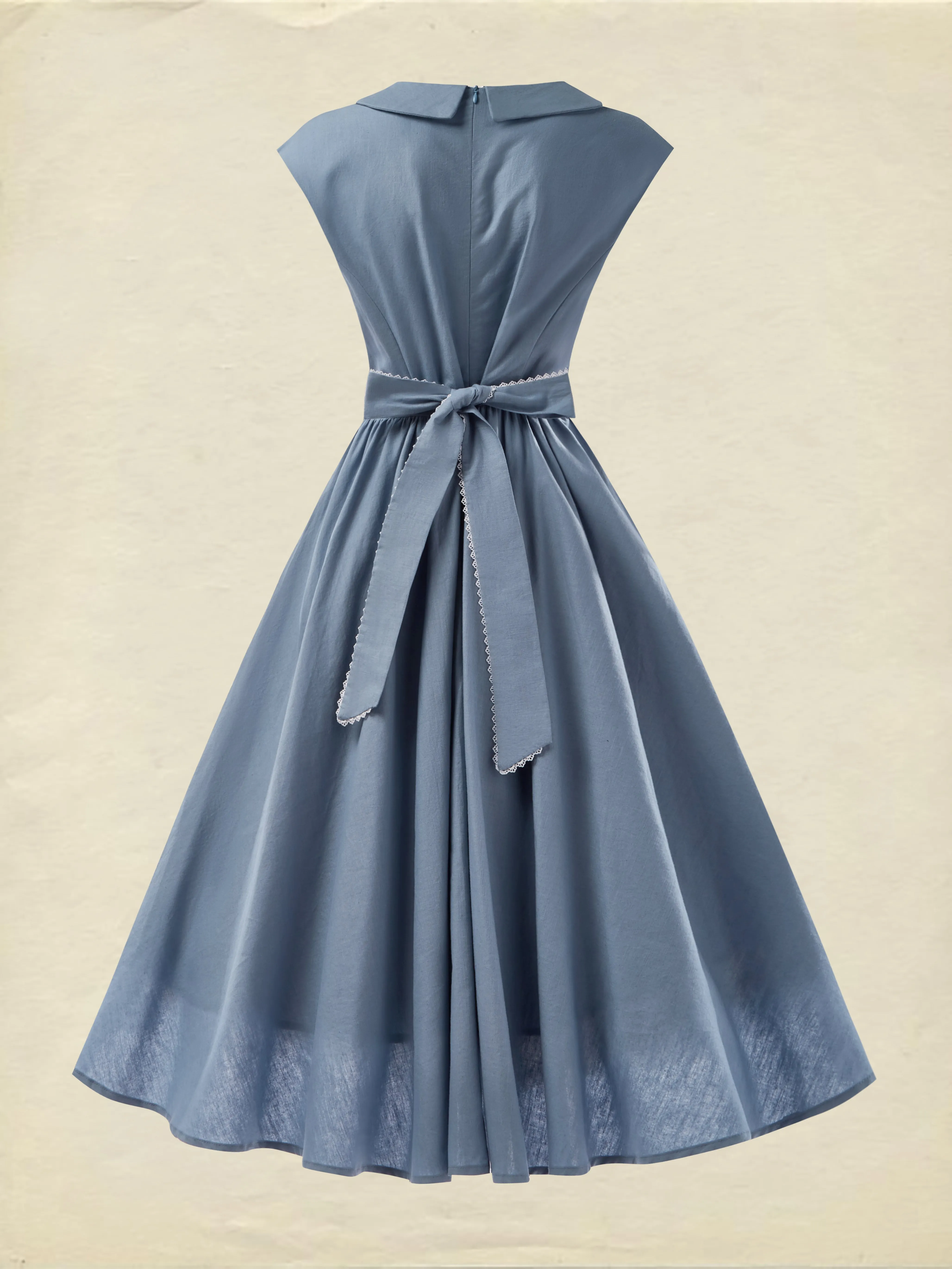 Linen Midi Dress, Sleeveless, Crew Neck, Plain, Vintage, Blue - Blue