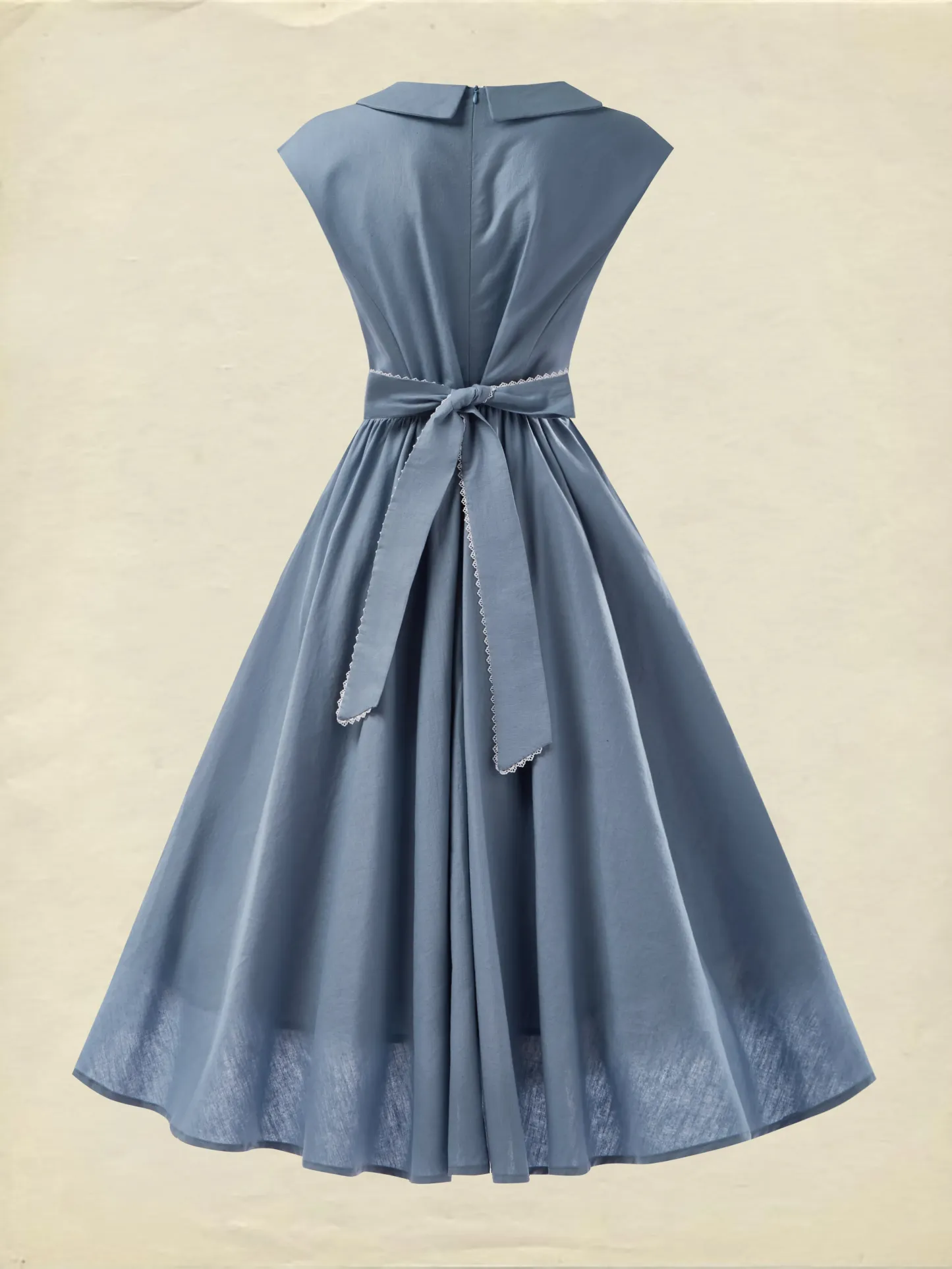 Linen Midi Dress, Sleeveless, Crew Neck, Plain, Vintage, Blue - Blue