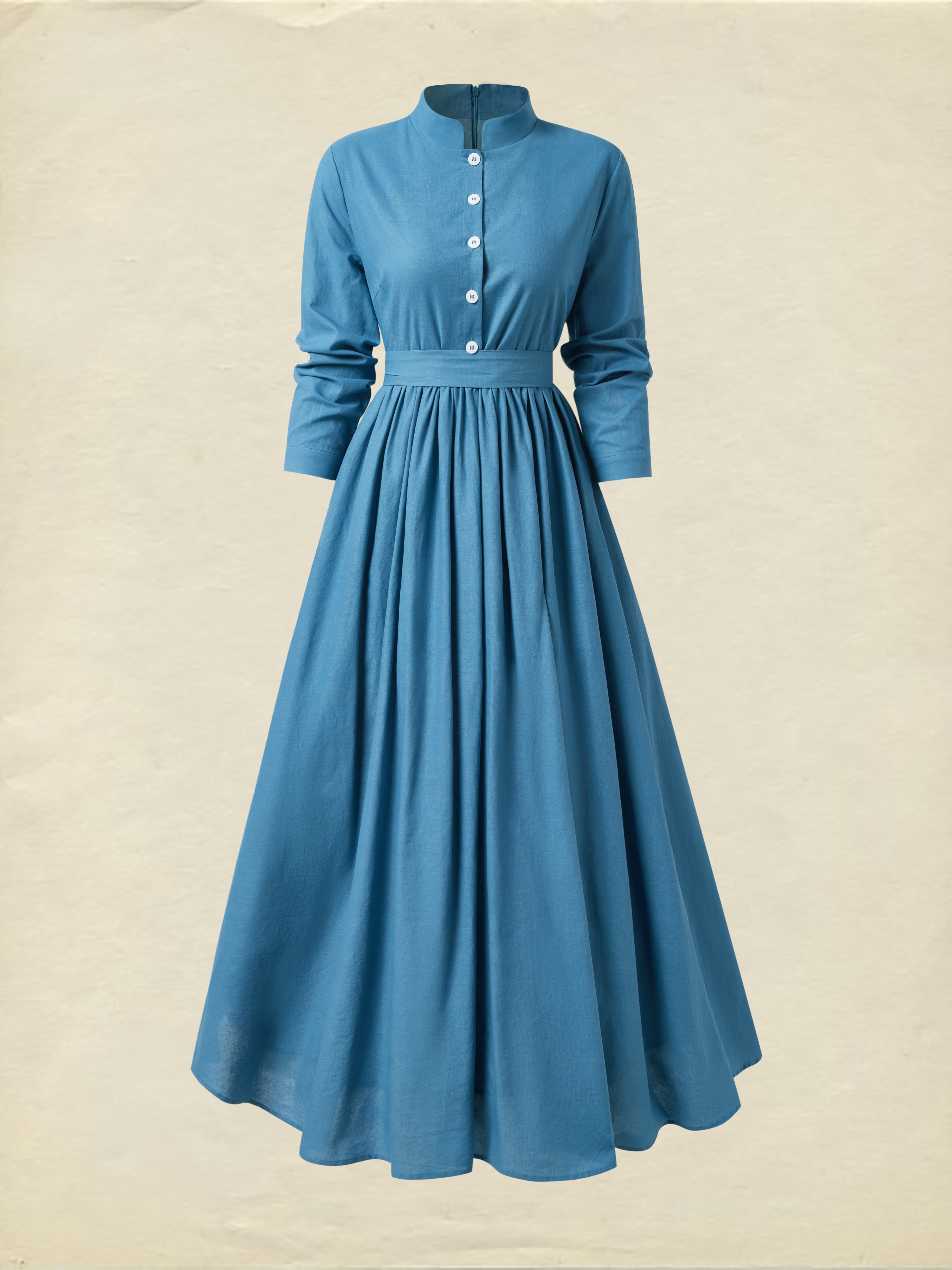 Maxi Linen Dress, Long Sleeve, Stand Collar, Button Down, Cottagecore, Linen Blend, Blue - Blue