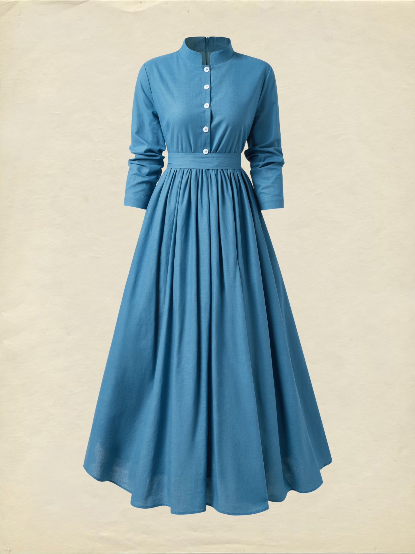 Maxi Linen Dress, Long Sleeve, Stand Collar, Button Down, Cottagecore, Linen Blend, Blue - Blue