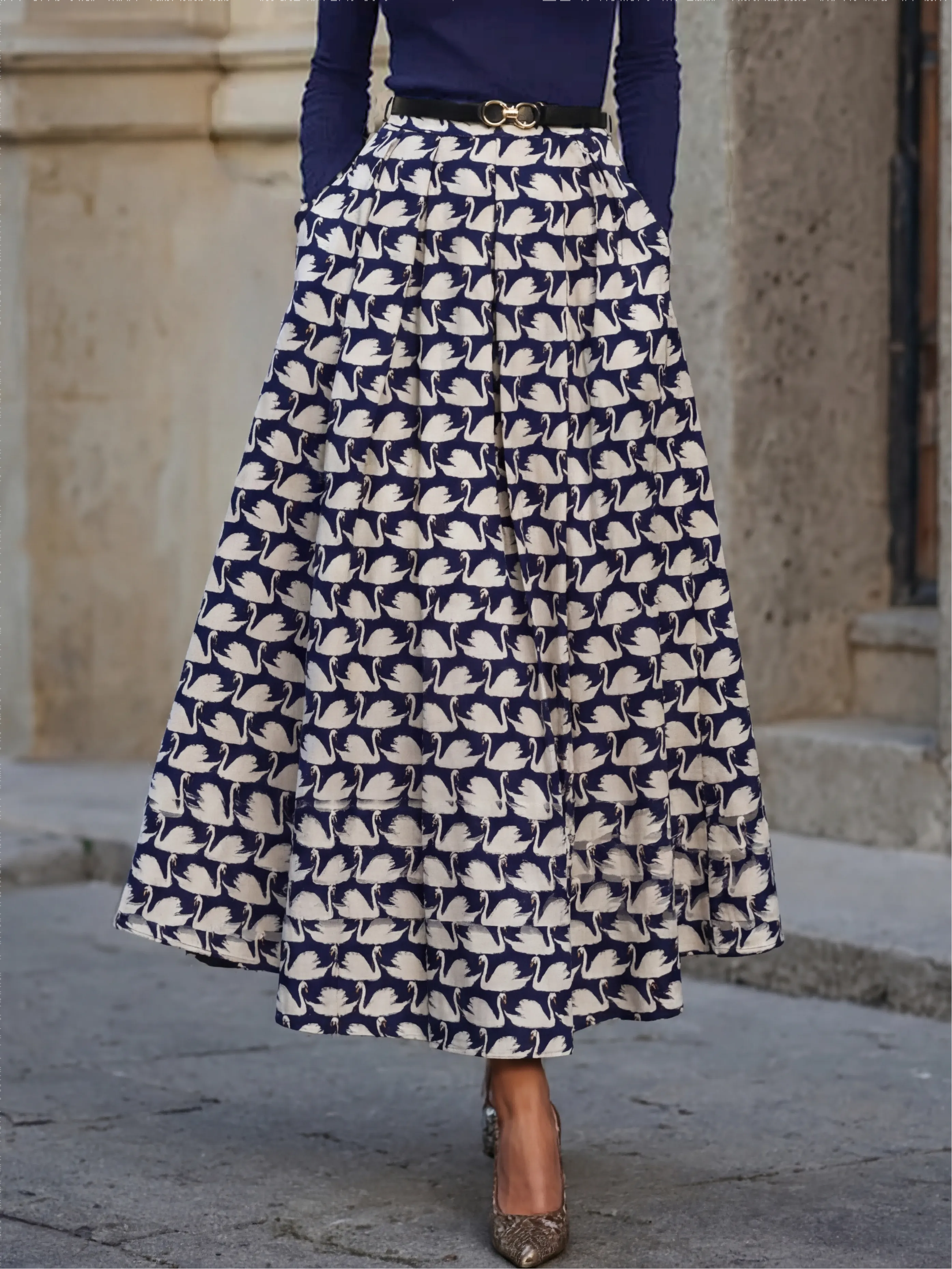 Maxi Cotton Skirt, Animal, Swan Print, Pocket Design, Vintage, Purplish Blue - Purplish Blue