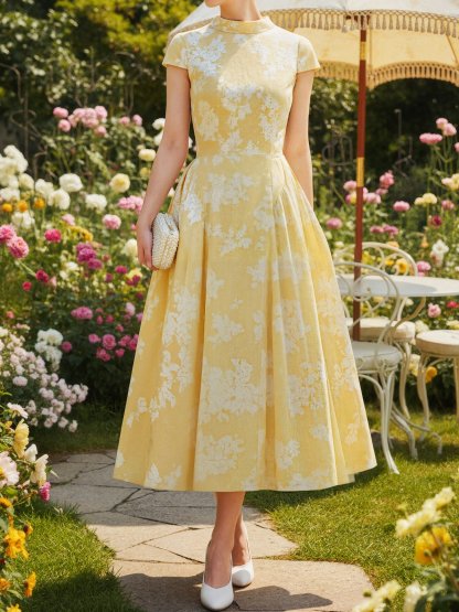Midi Cotton Dress, Short Sleeves, Floral, French Vintage, Yellow - Yellow