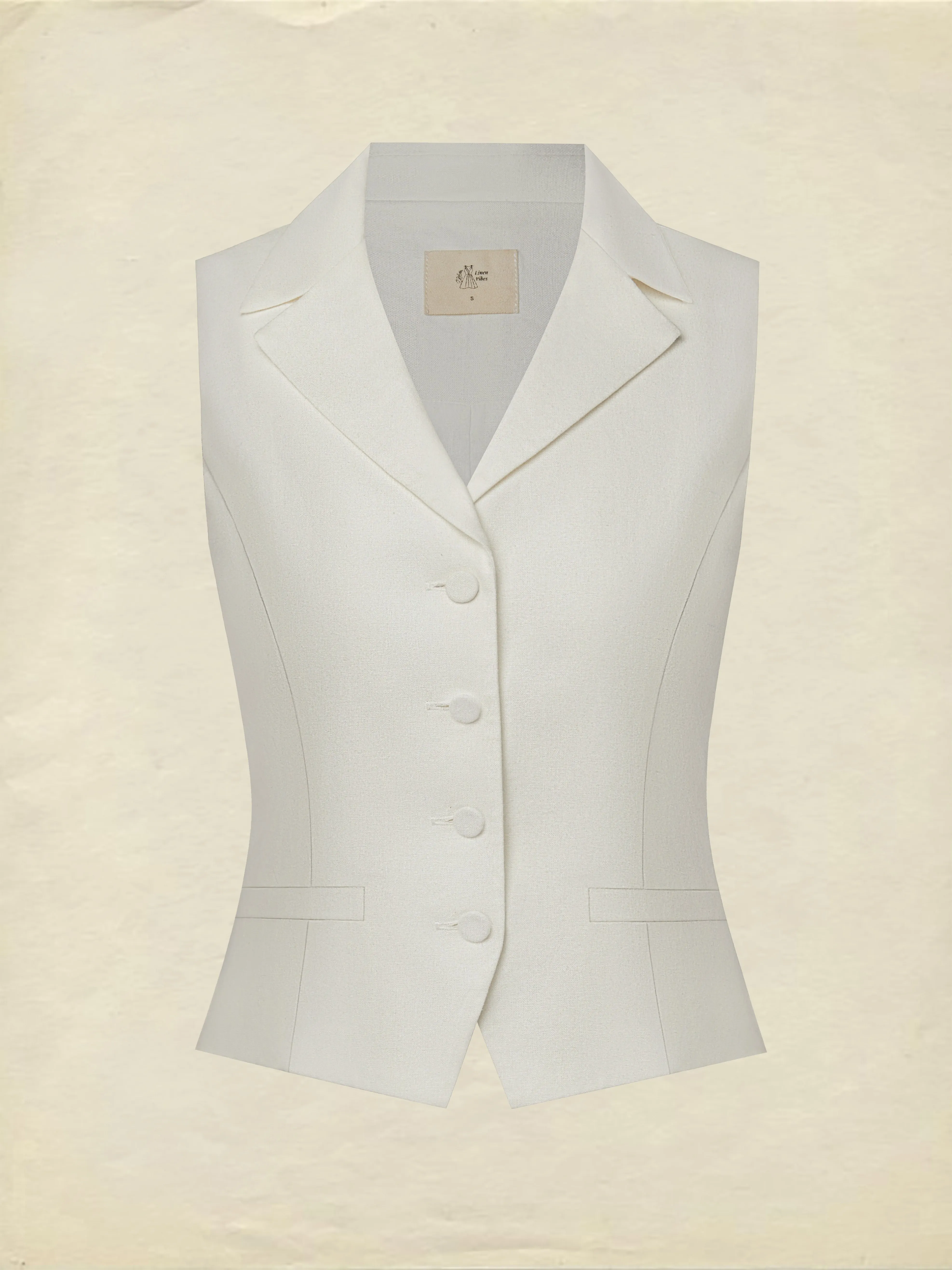 Linen Vest, Sleeveless, Shawl Collar, Plain, Button Design, Vacation, Vintage, White - White