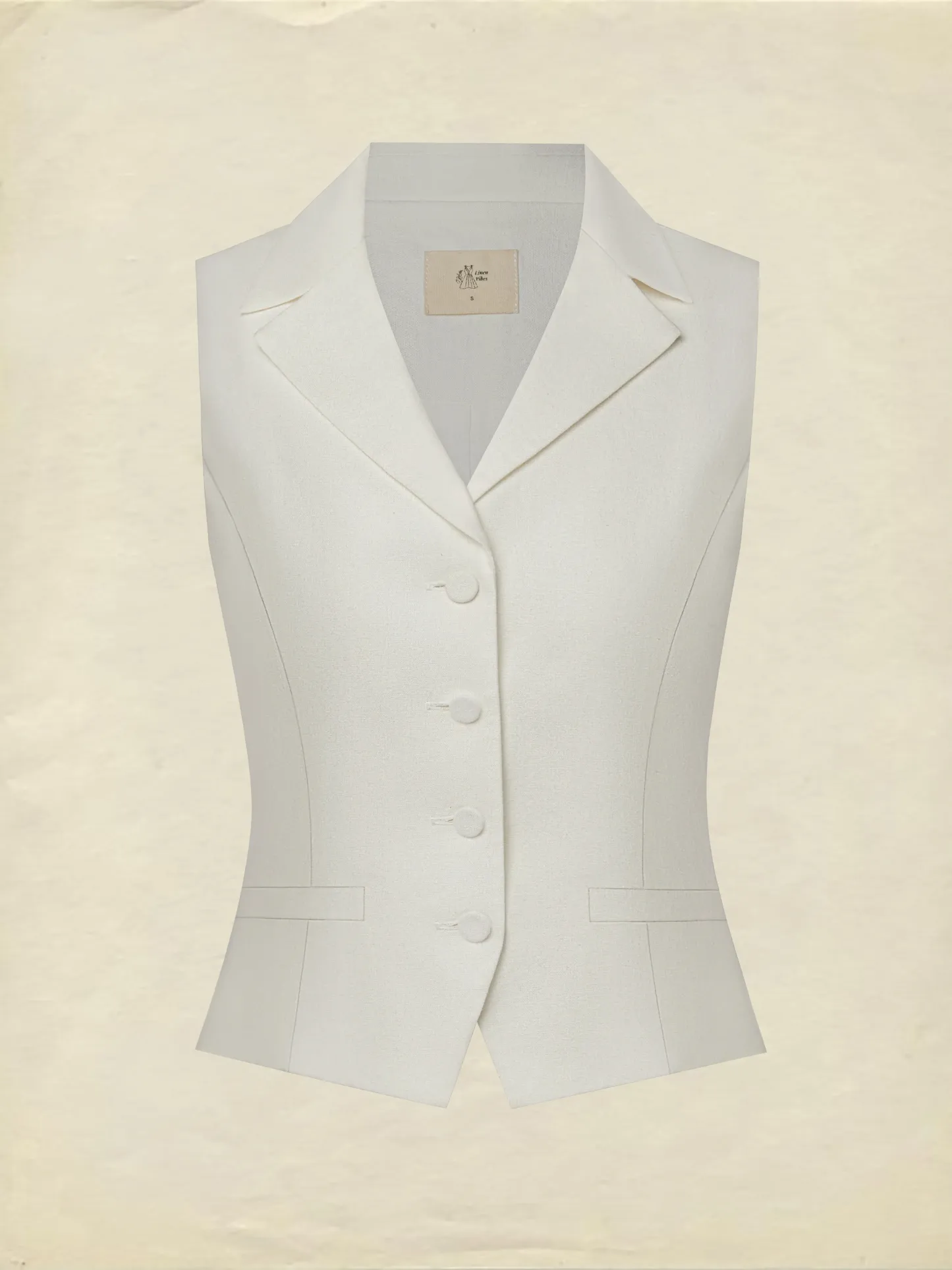 Linen Vest, Sleeveless, Shawl Collar, Plain, Button Design, Vacation, Vintage, White - White