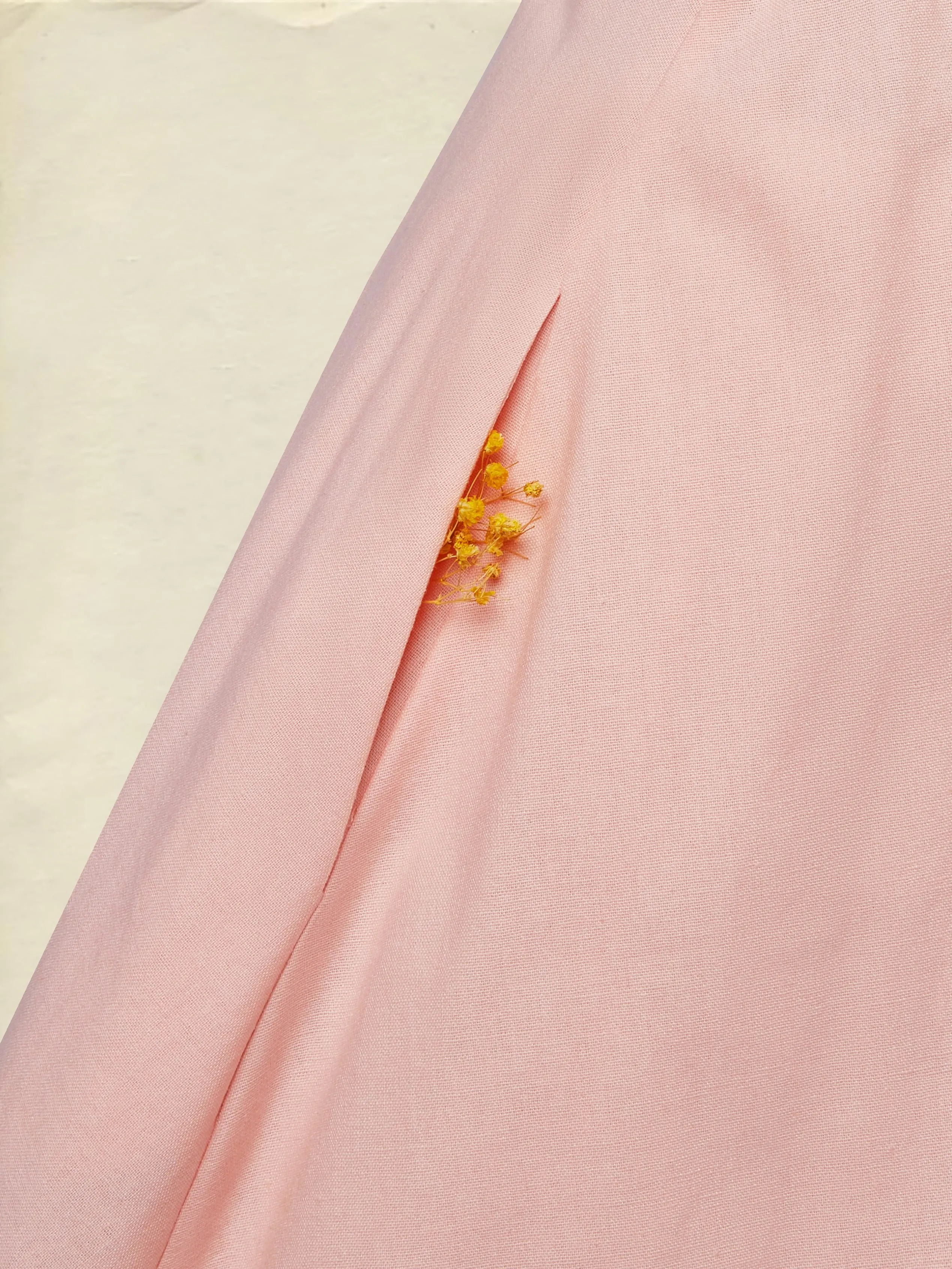 Midi Linen Dress , Half Sleeve, Round Neck, Plain, Bow, French Vintage, Light Pink - Light Pink