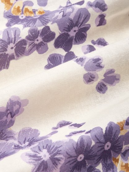 Maxi Linen Dress, Casual, Floral, Pocket Stitching, Crew Neck, Belt, Half Sleeve, Purple, Vintage - Purple