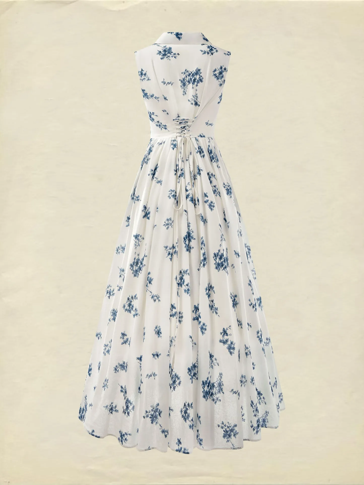 Linen Maxi Dress, Sleeveless, Shawl Collar, Floral , Vintage, White - White