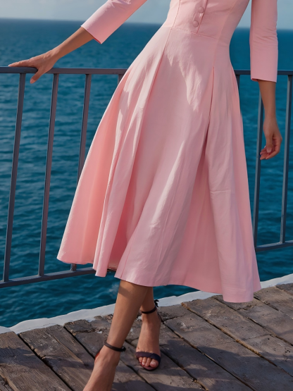 Midi Cotton Dress , Half Sleeve, V Neck, Plain, Button Design, French Vintage, Pink - Pink