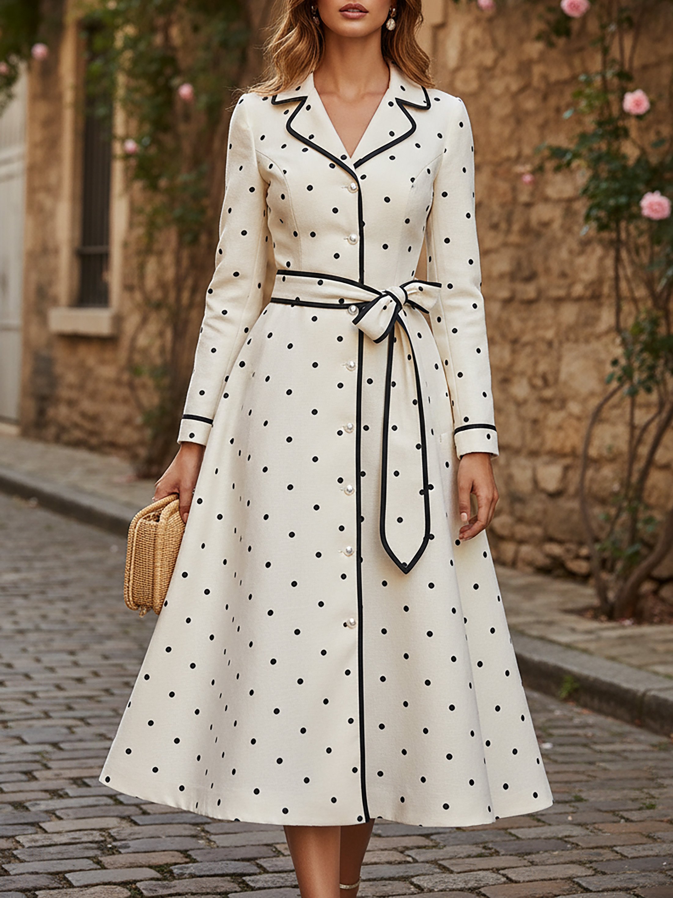 Midi Linen Dress, Long Sleeves, Lapel Collar, Polka Dots, Button Design, Vintage, Ivory - Ivory