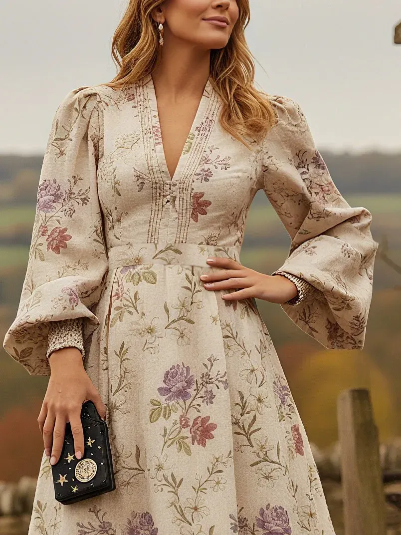 Maxi Linen Dress, Long Sleeves, V Neck, Floral, Vintage, Apricot - Apricot