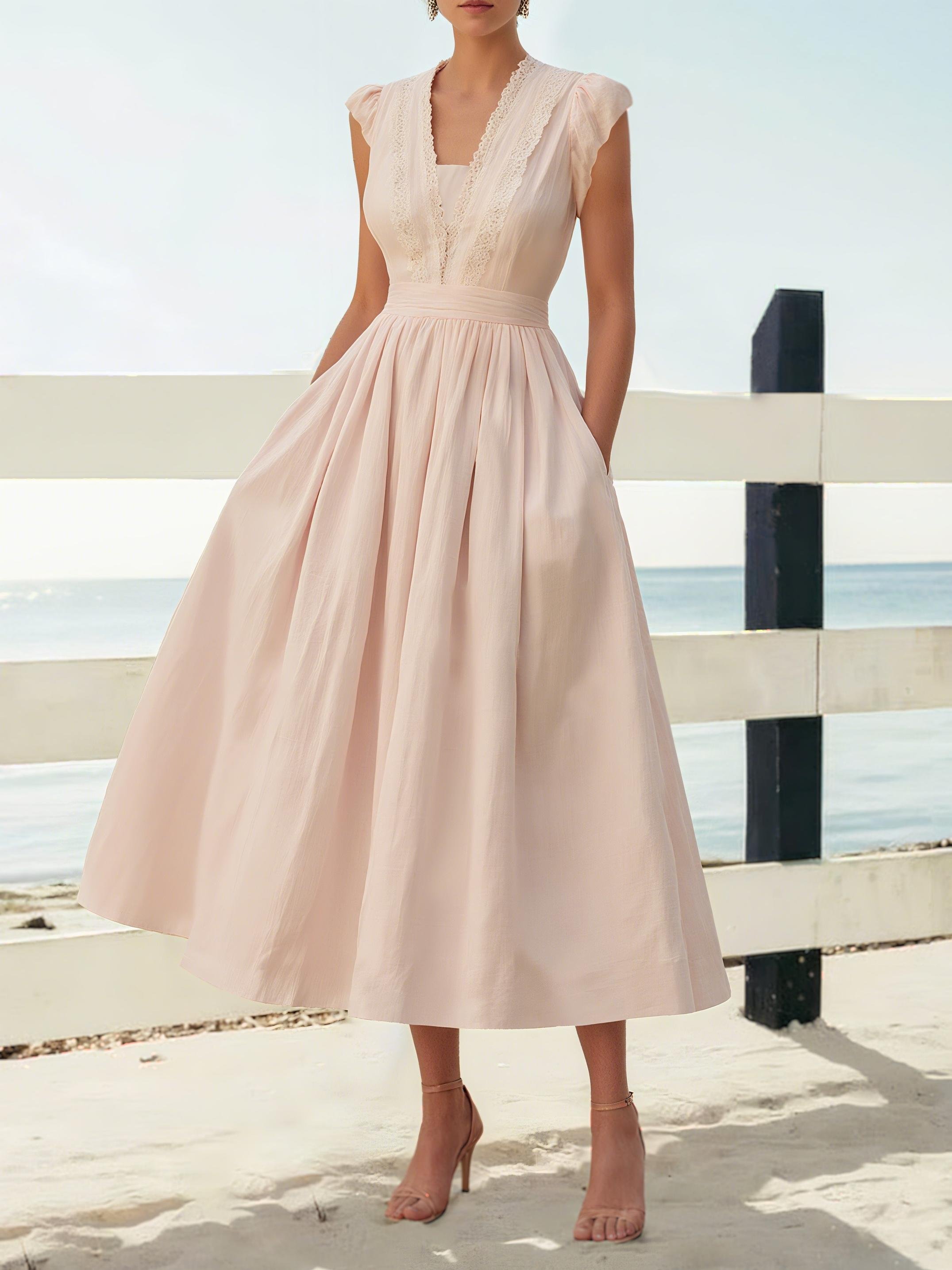 Linen Midi Dress, Short Sleeve, Lace Collar, Plain, Vintage, Light Pink - Light Pink