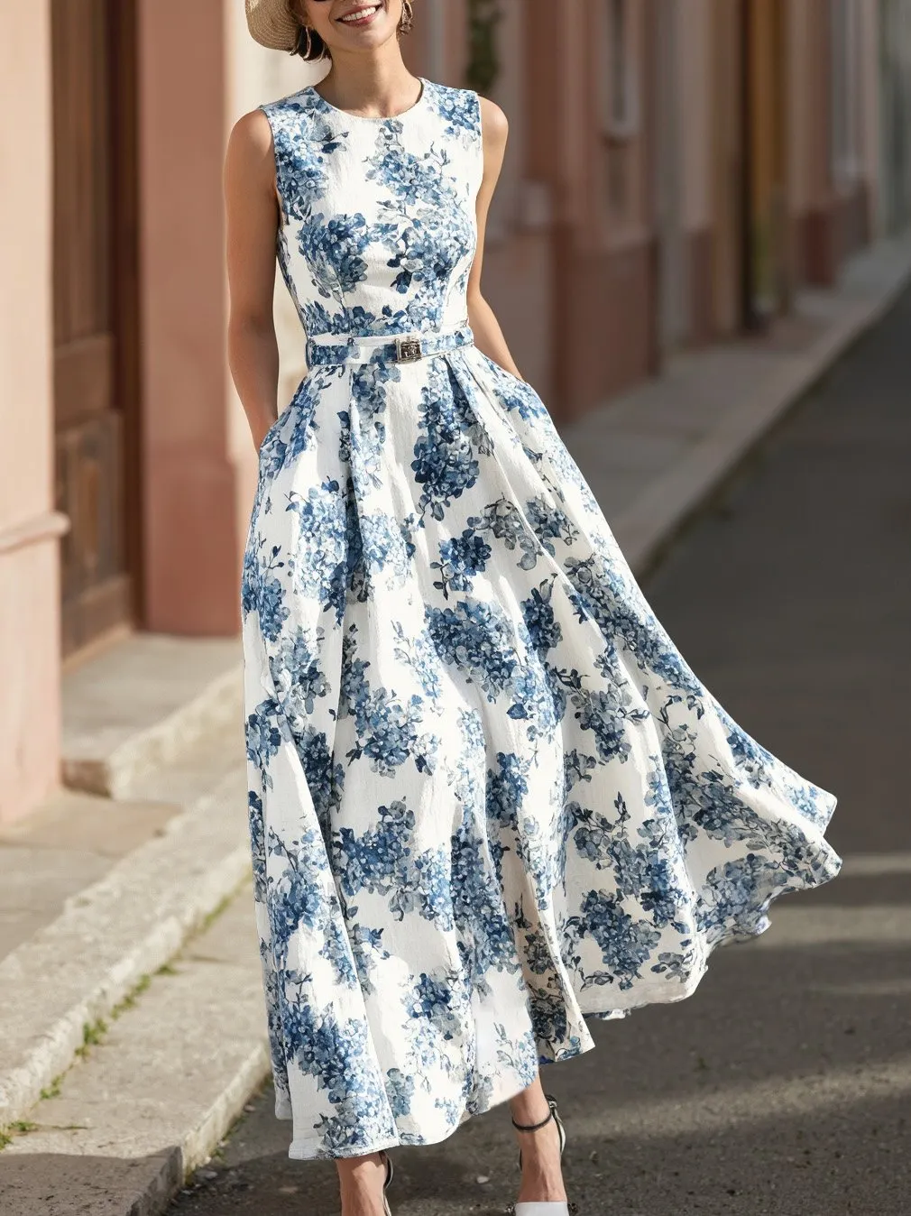 Maxi Linen Dress , Sleeveless, Round Neck, Floral, Belt Design, Vacation, Vintage, Blue - Blue